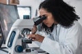 Science, microscope and slide with a doctor black woman at work in a lab for innovation or research. Medical, analysis Royalty Free Stock Photo