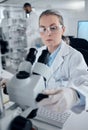 Science microscope, woman professor and laboratory research, medical innovation or biology test. Senior analytics Royalty Free Stock Photo