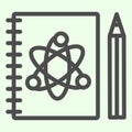 Science notepad line icon. Workbook with atom symbol and pencil outline style pictogram on white background. Chemistry Royalty Free Stock Photo