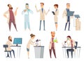 Science people. Characters chemistry biology innovation doctors working in scientific laboratory vector mascot design