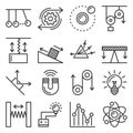 Science Physics Icons Set on White Background. Line Style Vector