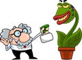 Science Professor Cartoon Character Spraying Evil Carnivorous Plant