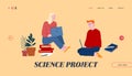 Science Project Website Landing Page. Man and Woman Students Sit on Floor with Books around and Laptops