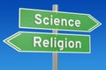 Science or religion concept on the signpost, 3D rendering