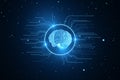 Science, research and technology digital interface concept with blue human brain layout on dark background with circuit. Hightech