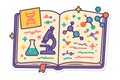 Science schoolbook with microscope and molecule drawings, isolated png transparent Royalty Free Stock Photo