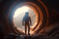 Astronaut with costume looking through entrance to other planet. Generative AI