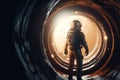 Astronaut with costume looking through entrance to other planet. Generative AI