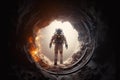 Astronaut with costume looking through entrance to other planet. Generative AI