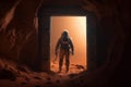 Astronaut with costume looking through entrance to other planet. Generative AI