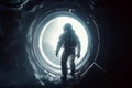 Astronaut with costume looking through entrance to other planet. Generative AI