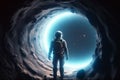 Astronaut with costume looking through entrance to other planet. Generative AI