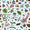 Science seamless pattern. Scientific laboratory in Biology. Icon Set of Biochemistry Research. Living creatures