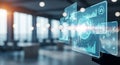 Hand interacting with a glowing blue digital interface displaying charts and data analytics in a modern office Royalty Free Stock Photo