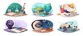 Science symbols. Education stuff colored cartoon pictures of astronomy biology and geography globe chemistry tubes exact