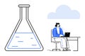 Science and Technology Concept with Lab Flask and Woman Using Laptop in Minimalist Design Royalty Free Stock Photo