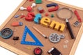 Science Technology Engineering Mathematics. STEM word on cork board with education equipment for background.