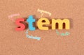 Science Technology Engineering Mathematics. STEM word on cork board with education equipment for background.