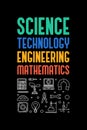 Science, Technology, Engineering and Maths creative banner. STEM vector outline vertical dark illustration