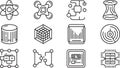 Science and technology icons with atom drone circuit board and data visualization outlines Royalty Free Stock Photo