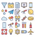 Science and Technology Isolated Vector icons set consist with medical lab, chemistry, plane, mobile, and dna Royalty Free Stock Photo