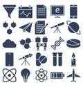 Science and Technology Isolated Vector icons set consist with medical lab, chemistry, plane, mobile, and dna Royalty Free Stock Photo