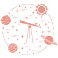 Science: telescope, sun, moon, planets, stars.