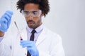 Science, test and man with blood in pipette, glasses and medical research for dna results with lab technician. Pathology Royalty Free Stock Photo