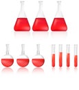 Science test tube and beaker with red chemical liquid icon set