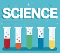 Science text and colorful laboratory filled with a clear liquid and blue background