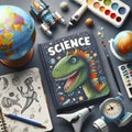 A science-themed childrens book about space or dinosaurs, placed next to a mini globe, Ai created image Royalty Free Stock Photo
