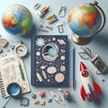 A science-themed childrens book about space or dinosaurs, placed next to a mini globe, Ai created image Royalty Free Stock Photo
