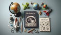 A science-themed childrens book about space or dinosaurs, placed next to a mini globe, Ai created image Royalty Free Stock Photo