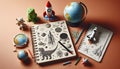 A science-themed childrens book about space or dinosaurs, placed next to a mini globe, Ai created image Royalty Free Stock Photo