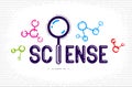 Science word with magnifying glass instead of letter I and molecule, physics and chemistry concept, vector conceptual creative