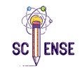 Science word with pencil instead of letter I and atom, physics and chemistry concept, vector conceptual creative logo or poster