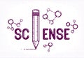 Science word with pencil instead of letter I and molecule, physics and chemistry concept, vector conceptual creative logo or