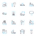 Scientific apparatus linear icons set. Microscope, Centrifuge, Bunsen burner, Spectrophotometer, Pipette, Thermometer