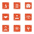 Scientific assistance icons set, grunge style