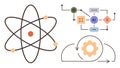 Scientific Atom Structure, AI Workflow Diagram, and Gear Representing Technology Process Royalty Free Stock Photo