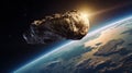 A scientific concept of an image of an asteroid flying in space against the background of the Earth. Generative AI