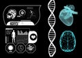 Scientific data processing, dna strand with human heart and brain on black background