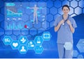 Scientific data processing with human body and medical icons with female doctor on blue background