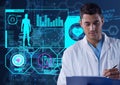 Scientific data processing with human body and scope scanning with male doctor writing