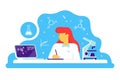 Scientific doctor woman working at science lab. Laboratory interior, with microscope and lab laptop. Vector. Royalty Free Stock Photo