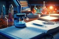 Scientific equipments spread on desk. Generative AI Royalty Free Stock Photo
