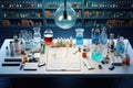 Scientific equipments spread on desk. Generative AI Royalty Free Stock Photo