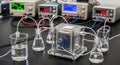 Scientific experiment setup featuring a transparent apparatus, glassware, and electronic equipment in a laboratory Royalty Free Stock Photo
