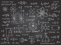 Scientific formulas. Mathematics and physics calculus on class chalkboard. Algebra and physical science handwritten