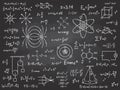 Scientific formulas. Mathematics and physics calculus on class chalkboard. Algebra and physical science handwritten vector Royalty Free Stock Photo